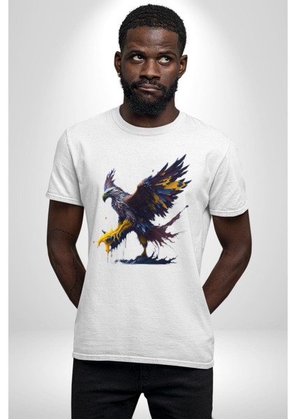 Kara Kartal Sulu Boya Kadın Erkek Unisex Beyaz Organik Baskılı T-Shirt Penye Yüksek Kalite modelleri