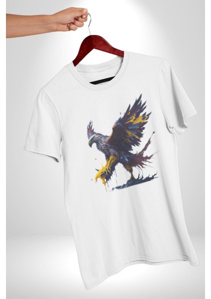Kara Kartal Sulu Boya Kadın Erkek Unisex Beyaz Organik Baskılı T-Shirt Penye Yüksek Kalite fırsatları