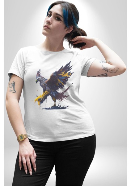 Kara Kartal Sulu Boya Kadın Erkek Unisex Beyaz Organik Baskılı T-Shirt Penye Yüksek Kalite indirimleri