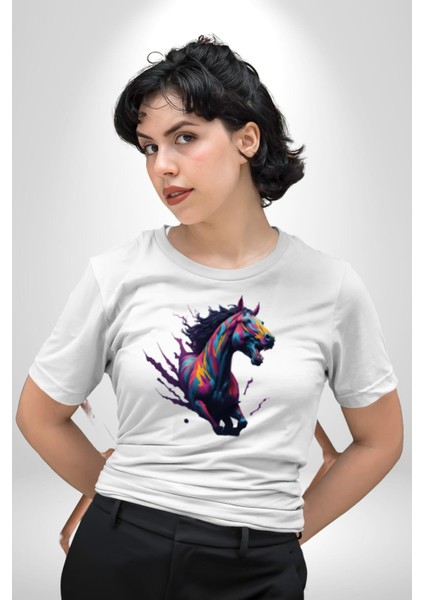 Renkli At Koşu Kadın Erkek Unisex Beyaz Organik Baskılı T-Shirt Penye Yüksek Kalite fiyatları