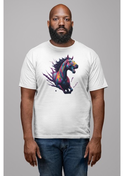 Renkli At Koşu Kadın Erkek Unisex Beyaz Organik Baskılı T-Shirt Penye Yüksek Kalite modelleri
