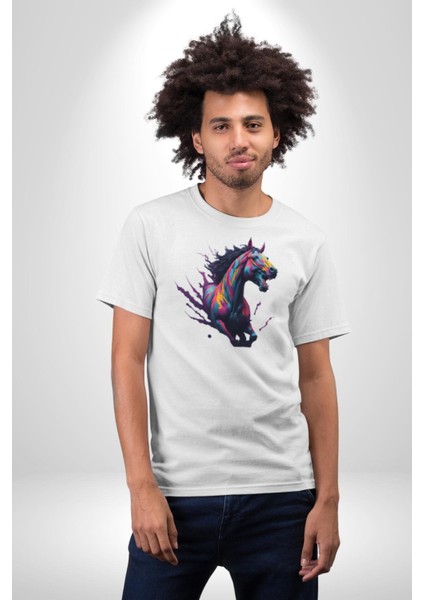 Renkli At Koşu Kadın Erkek Unisex Beyaz Organik Baskılı T-Shirt Penye Yüksek Kalite fırsatları