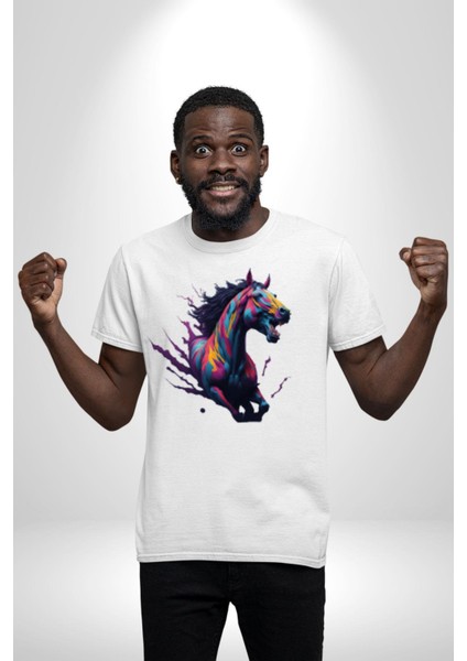 Renkli At Koşu Kadın Erkek Unisex Beyaz Organik Baskılı T-Shirt Penye Yüksek Kalite indirimleri