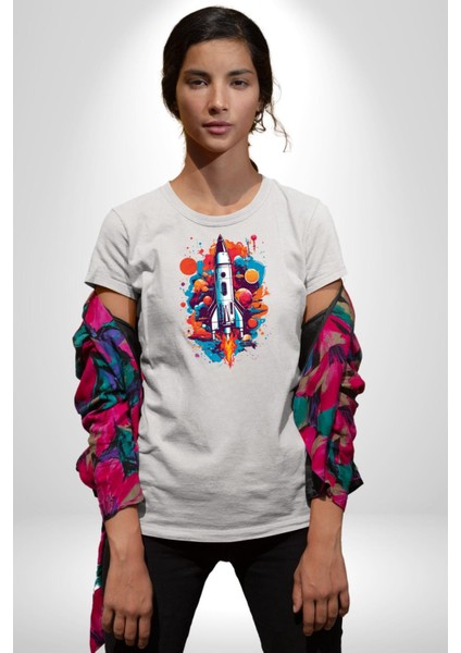Uzay Aracı Roket Kadın Erkek Unisex Beyaz Organik Baskılı T-Shirt Penye Yüksek Kalite fiyatları
