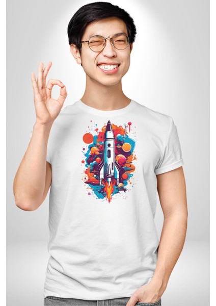 Uzay Aracı Roket Kadın Erkek Unisex Beyaz Organik Baskılı T-Shirt Penye Yüksek Kalite modelleri