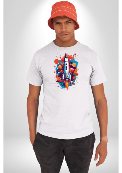 Uzay Aracı Roket Kadın Erkek Unisex Beyaz Organik Baskılı T-Shirt Penye Yüksek Kalite fırsatları