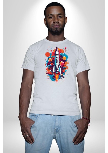 Uzay Aracı Roket Kadın Erkek Unisex Beyaz Organik Baskılı T-Shirt Penye Yüksek Kalite indirimleri