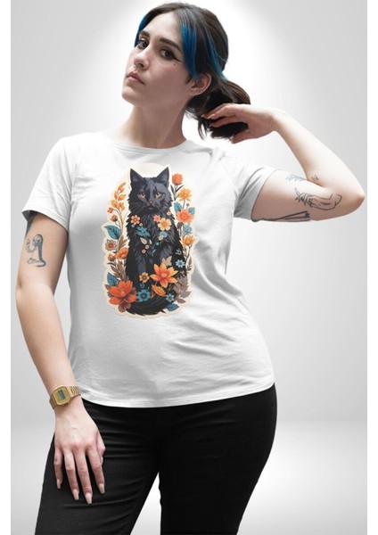 Çiçekli Siyah Kedi Etiket Kadın Erkek Unisex Beyaz Organik Baskılı T-Shirt Penye Yüksek Kalite