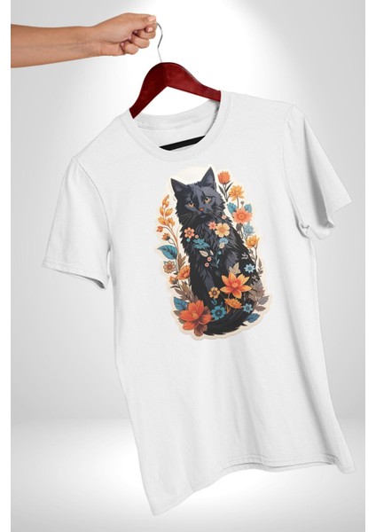 Çiçekli Siyah Kedi Etiket Kadın Erkek Unisex Beyaz Organik Baskılı T-Shirt Penye Yüksek Kalite fiyatları