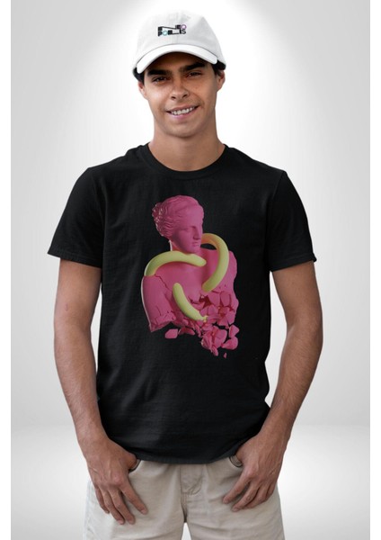 Pop Art Yaratıcı Heykel Pembe Kadın Erkek Unisex Siyah Organik Baskılı T-Shirt Penye Yüksek Kalite