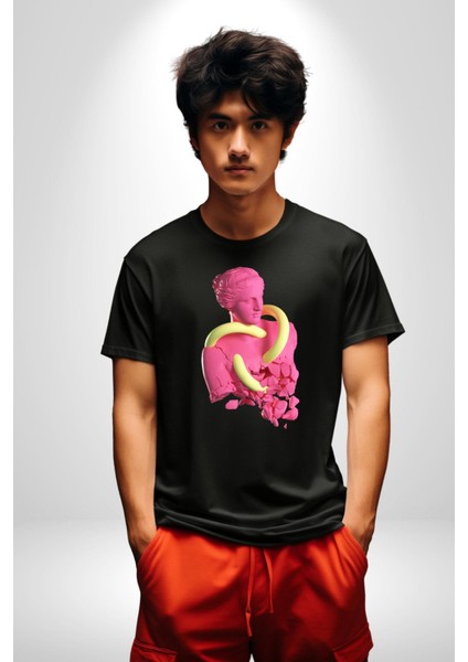 Pop Art Yaratıcı Heykel Pembe Kadın Erkek Unisex Siyah Organik Baskılı T-Shirt Penye Yüksek Kalite fırsatları