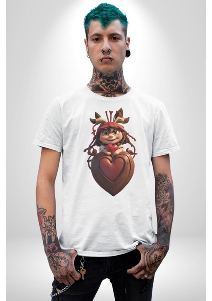 Çikolata Kız Kalbi Kadın Erkek Unisex Beyaz Organik Baskılı T-Shirt Penye Yüksek Kalite