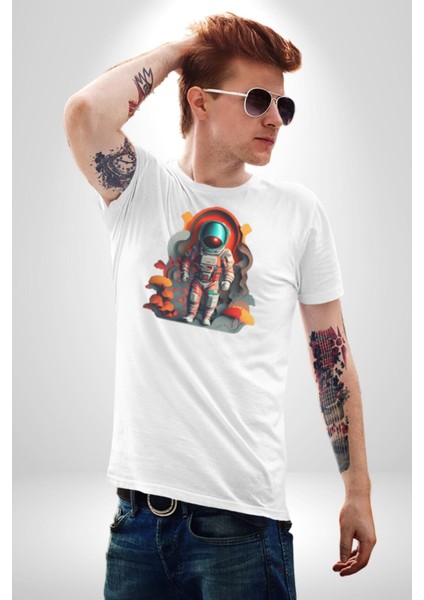 Astronot Yapay Zeka Yürüyüş Kadın Erkek Unisex Beyaz Organik Baskılı T-Shirt Penye Yüksek Kalite modelleri