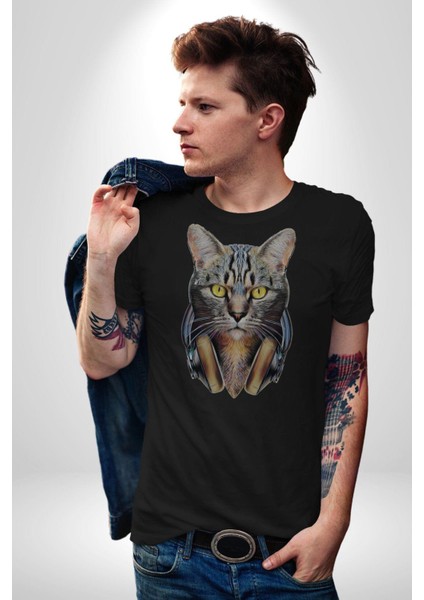 Kulaklık Kedi Kadın Erkek Unisex Siyah Organik Baskılı T-Shirt Penye Yüksek Kalite