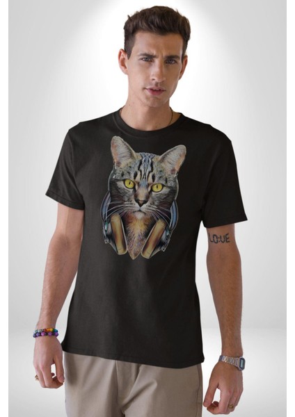 Kulaklık Kedi Kadın Erkek Unisex Siyah Organik Baskılı T-Shirt Penye Yüksek Kalite