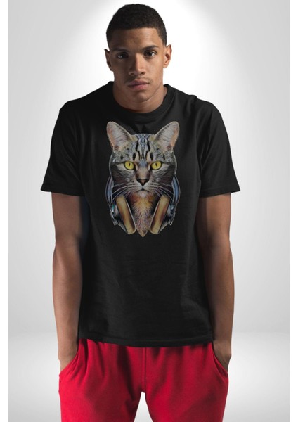Kulaklık Kedi Kadın Erkek Unisex Siyah Organik Baskılı T-Shirt Penye Yüksek Kalite