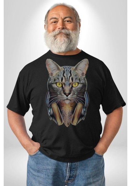 Kulaklık Kedi Kadın Erkek Unisex Siyah Organik Baskılı T-Shirt Penye Yüksek Kalite