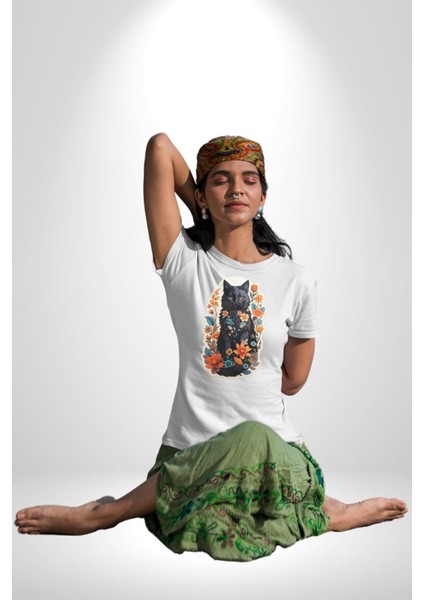 Çiçekli Siyah Kedi Etiket Kadın Erkek Unisex Beyaz Organik Baskılı T-Shirt Penye Yüksek Kalite fırsatları