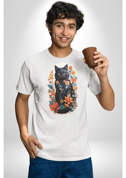 Çiçekli Siyah Kedi Etiket Kadın Erkek Unisex Beyaz Organik Baskılı T-Shirt Penye Yüksek Kalite indirimleri