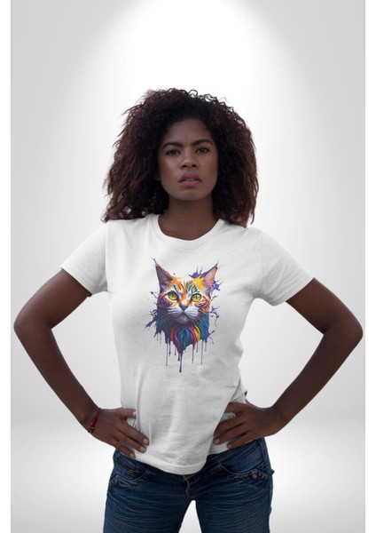 Şimşek Yağmur Kedi Kadın Erkek Unisex Beyaz Organik Baskılı T-Shirt Penye Yüksek Kalite