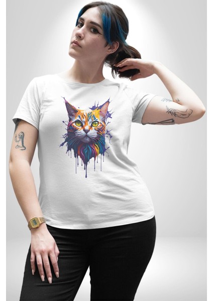 Şimşek Yağmur Kedi Kadın Erkek Unisex Beyaz Organik Baskılı T-Shirt Penye Yüksek Kalite indirimleri