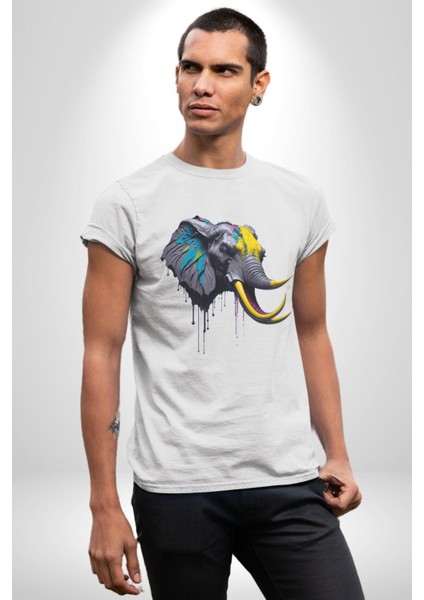 Renkli Fil Kafası Kadın Erkek Unisex Beyaz Organik Baskılı T-Shirt Penye Yüksek Kalite