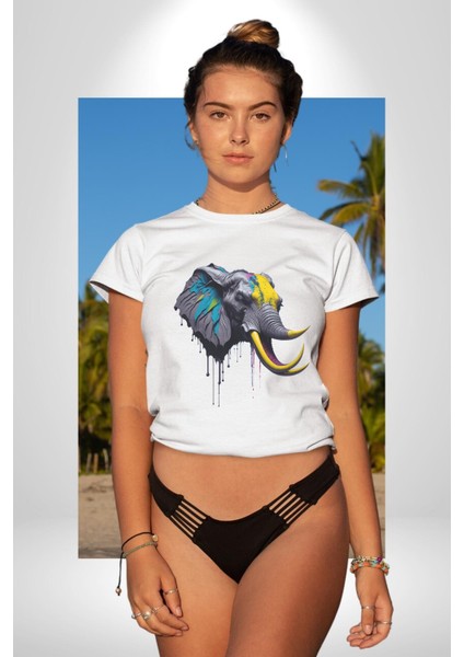 Renkli Fil Kafası Kadın Erkek Unisex Beyaz Organik Baskılı T-Shirt Penye Yüksek Kalite