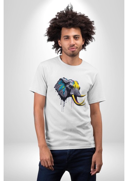 Renkli Fil Kafası Kadın Erkek Unisex Beyaz Organik Baskılı T-Shirt Penye Yüksek Kalite