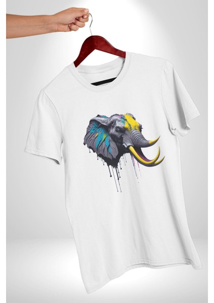 Renkli Fil Kafası Kadın Erkek Unisex Beyaz Organik Baskılı T-Shirt Penye Yüksek Kalite
