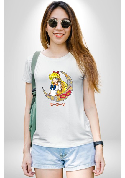 Sailor Moon Ay Savaşcısı Anime Kadın Erkek Unisex Beyaz Organik Baskılı T-Shirt Penye Yüksek Kalite fırsatları