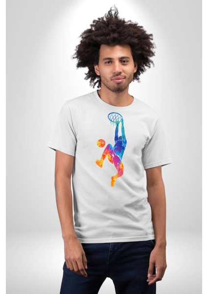 Smaç Basketbol Renkli Kadın Erkek Unisex Beyaz Organik Baskılı T-Shirt Penye Yüksek Kalite