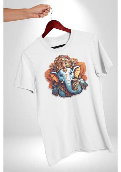 Hindu Fil Bereket Tanrısı Kadın Erkek Unisex Beyaz Organik Baskılı T-Shirt Penye Yüksek Kalite modelleri