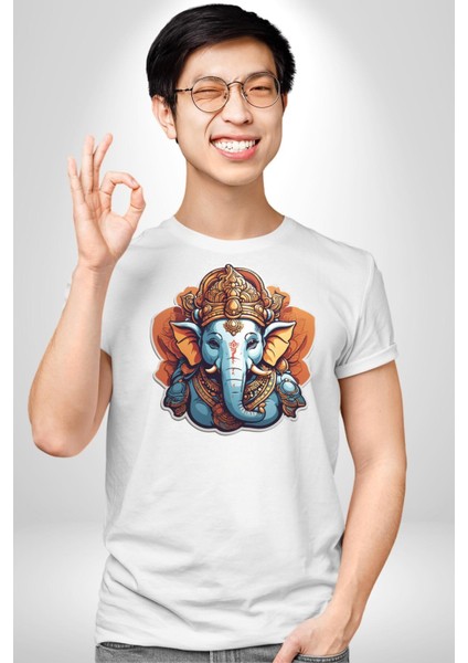 Hindu Fil Bereket Tanrısı Kadın Erkek Unisex Beyaz Organik Baskılı T-Shirt Penye Yüksek Kalite fırsatları