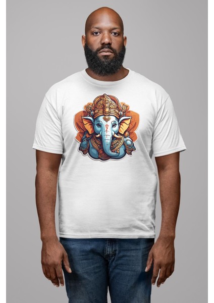Hindu Fil Bereket Tanrısı Kadın Erkek Unisex Beyaz Organik Baskılı T-Shirt Penye Yüksek Kalite indirimleri