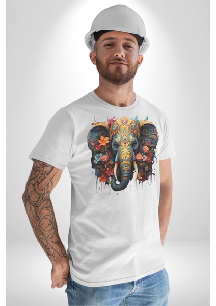 Bereket Fil Hintli Tasarım Kadın Erkek Unisex Beyaz Organik Baskılı T-Shirt Penye Yüksek Kalite