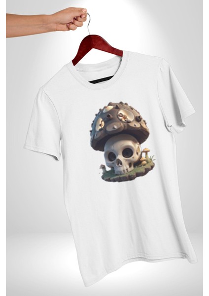 Kurukafa Mantar Ev Kadın Erkek Unisex Beyaz Organik Baskılı T-Shirt Penye Yüksek Kalite