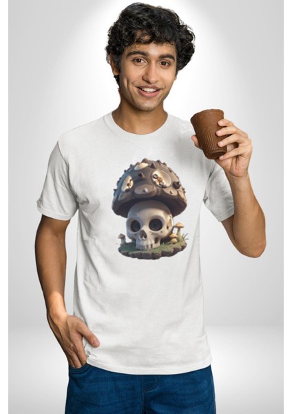 Kurukafa Mantar Ev Kadın Erkek Unisex Beyaz Organik Baskılı T-Shirt Penye Yüksek Kalite modelleri