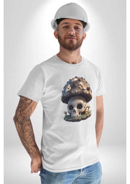 Kurukafa Mantar Ev Kadın Erkek Unisex Beyaz Organik Baskılı T-Shirt Penye Yüksek Kalite fırsatları