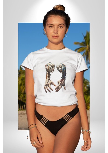 Yüz Yüze Ellerin Uyumu Kadın Erkek Unisex Beyaz Organik Baskılı T-Shirt Penye Yüksek Kalite