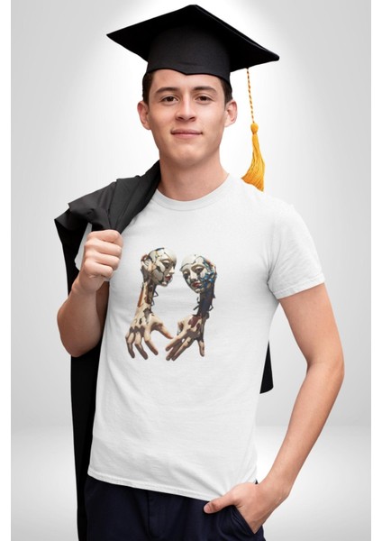 Yüz Yüze Ellerin Uyumu Kadın Erkek Unisex Beyaz Organik Baskılı T-Shirt Penye Yüksek Kalite fiyatları