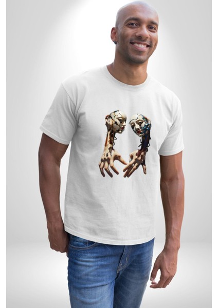 Yüz Yüze Ellerin Uyumu Kadın Erkek Unisex Beyaz Organik Baskılı T-Shirt Penye Yüksek Kalite modelleri