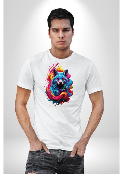 Renkli Kurt Kadın Erkek Unisex Beyaz Organik Baskılı T-Shirt Penye Yüksek Kalite
