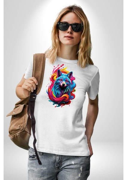 Renkli Kurt Kadın Erkek Unisex Beyaz Organik Baskılı T-Shirt Penye Yüksek Kalite fiyatları