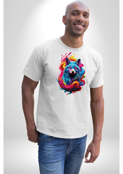 Renkli Kurt Kadın Erkek Unisex Beyaz Organik Baskılı T-Shirt Penye Yüksek Kalite modelleri