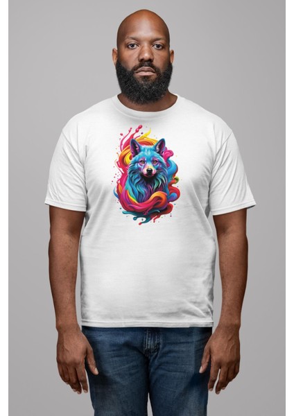 Renkli Kurt Kadın Erkek Unisex Beyaz Organik Baskılı T-Shirt Penye Yüksek Kalite fırsatları