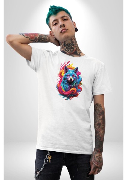 Renkli Kurt Kadın Erkek Unisex Beyaz Organik Baskılı T-Shirt Penye Yüksek Kalite indirimleri