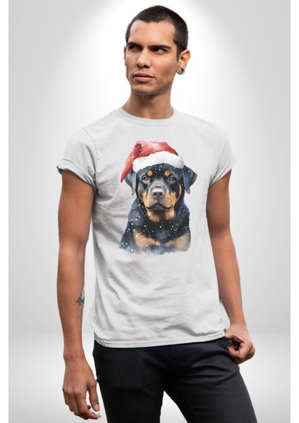 Yeni Yıl Noel Rottweiler Kadın Erkek Unisex Beyaz Organik Baskılı T-Shirt Penye Yüksek Kalite