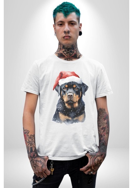 Yeni Yıl Noel Rottweiler Kadın Erkek Unisex Beyaz Organik Baskılı T-Shirt Penye Yüksek Kalite fiyatları
