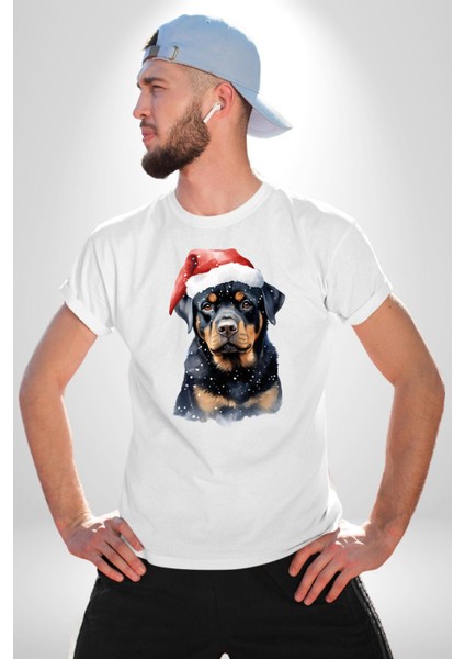 Yeni Yıl Noel Rottweiler Kadın Erkek Unisex Beyaz Organik Baskılı T-Shirt Penye Yüksek Kalite modelleri