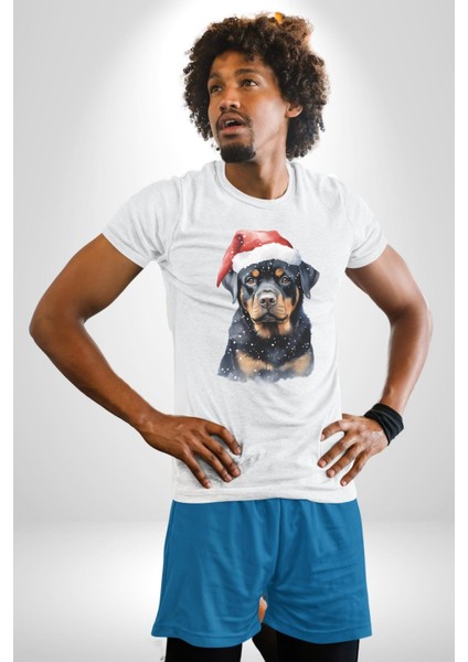 Yeni Yıl Noel Rottweiler Kadın Erkek Unisex Beyaz Organik Baskılı T-Shirt Penye Yüksek Kalite fırsatları